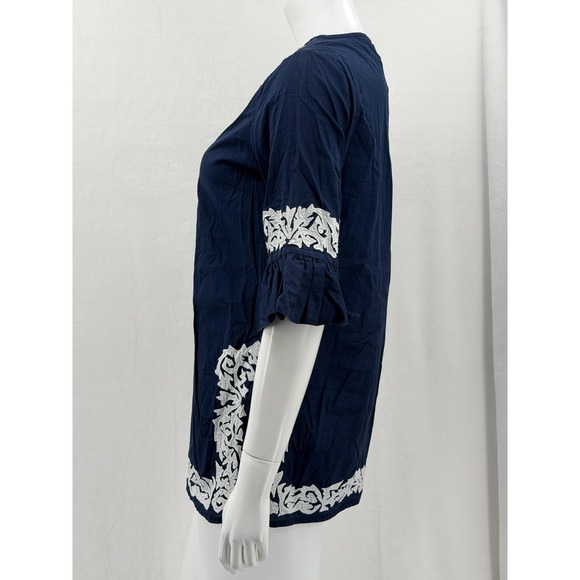 Gretchen Scott Top Women Small Navy White Tunic Sheer 100% Cotton Nautical Beach - Picture 4 of 9